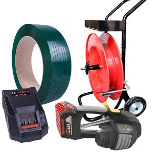 Cercleuse sur batterie MB620 avec feuillard PET, dérouleur, batterie et chargeur