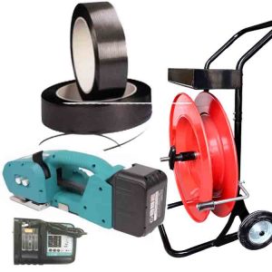 Kit cercleuse NEO 9-16 mm PET/PP avec batterie, chargeur, feuillard PET, chariot-dérouleur