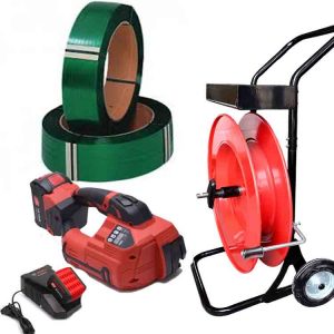 Kit de cerclage plastique TITAN 10-16mm PET/PP avec batterie, chargeur, feuillard PET 12mm, chariot-dérouleur