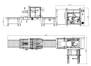 Schéma d'implantation de la ligne LINEBOX-03 : formeuse de cartons, convoyeur à rouleaux et scotcheuse carton en enfilade
