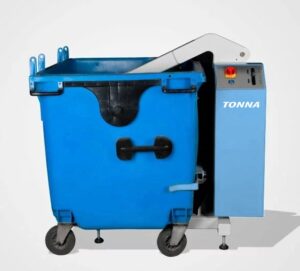 Compacteur TONNA1100 avec conteneur roulant de 1100 litres sur sa plateforme